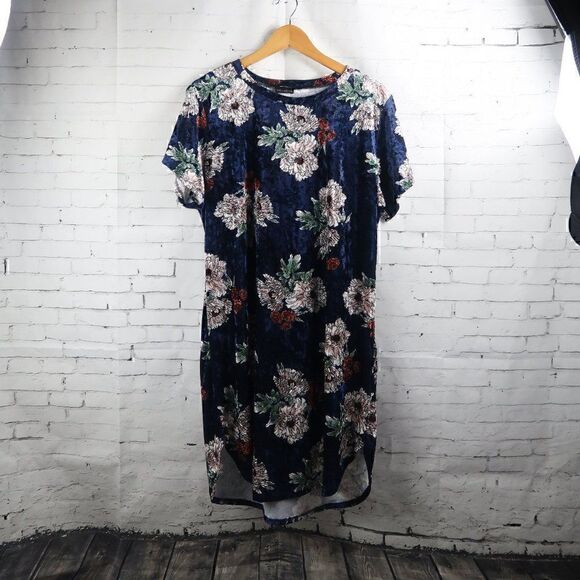 ZENOBIA BLUE VELVET FLORAL SHORT SLEEVE ROUND NECK STRETCH MIDI DRESS SIZE 3XL - Picture 1 of 10
